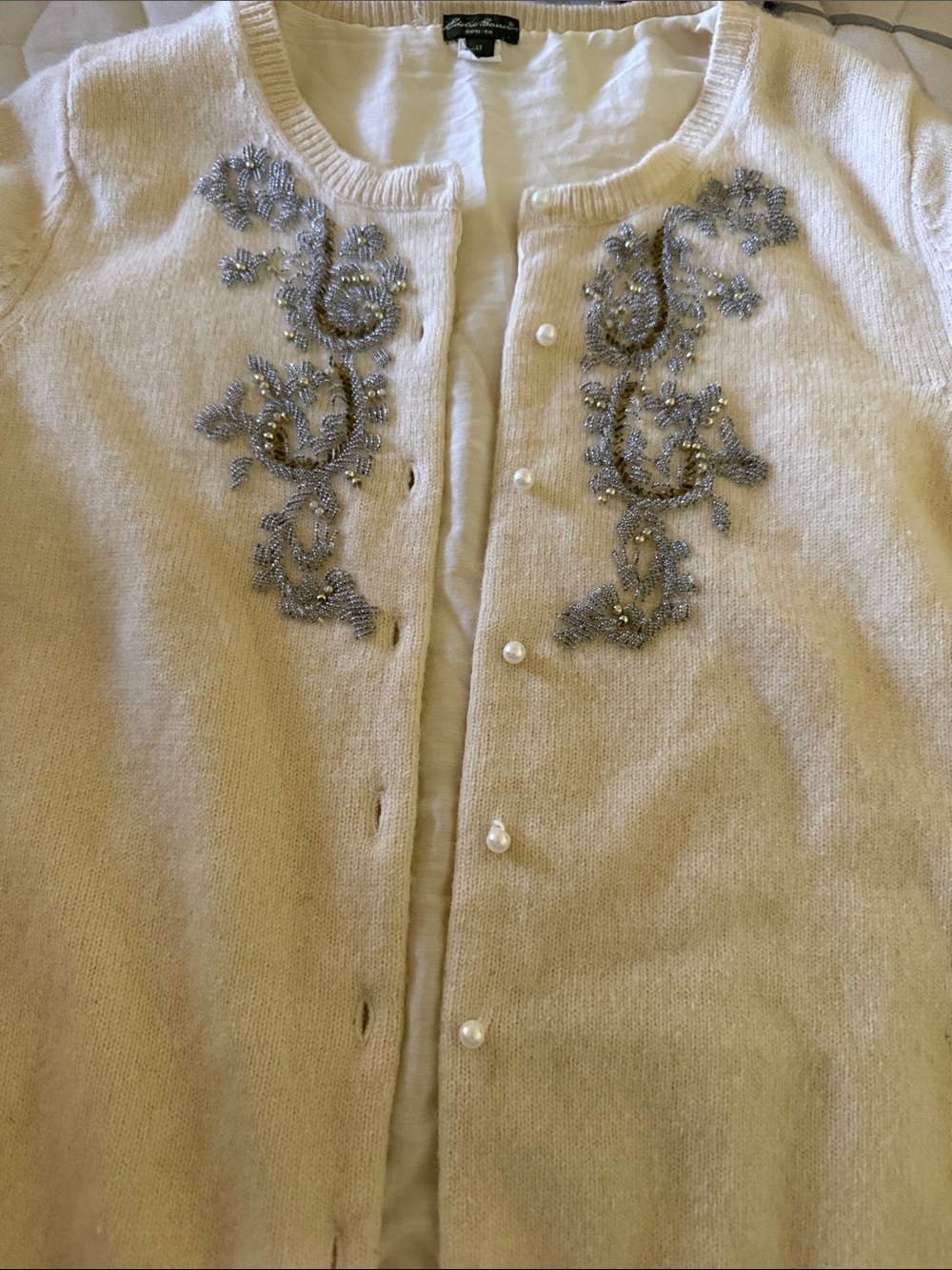 Eddie Bauer Cream Cardigan with Silver Bead Embroidery and pearl buttons